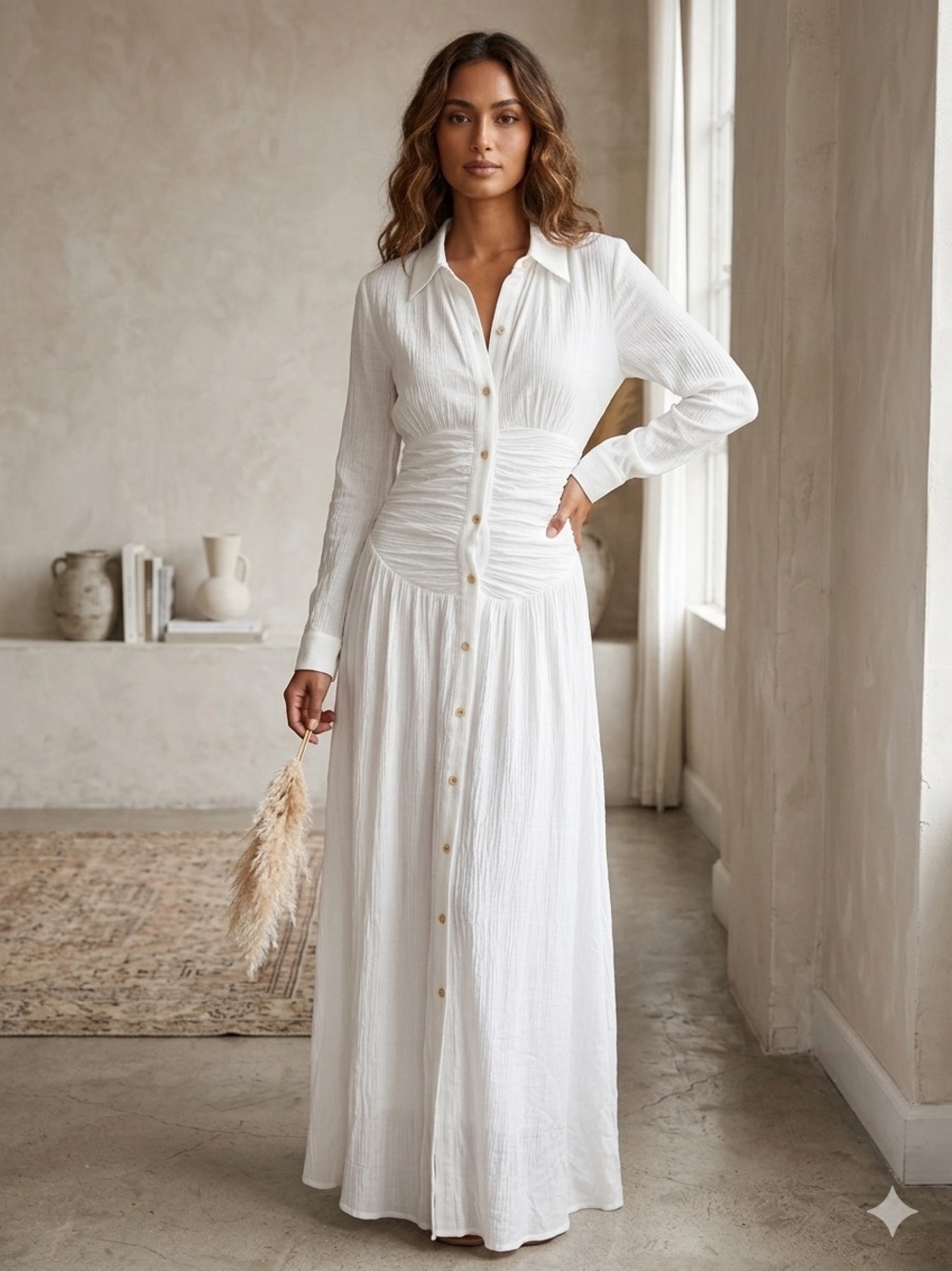 Women's White Maxi Shirt Dress with Ruched Waist